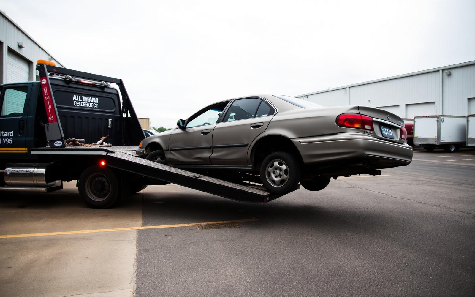 Tow truck loading a non-running sedan for pickup